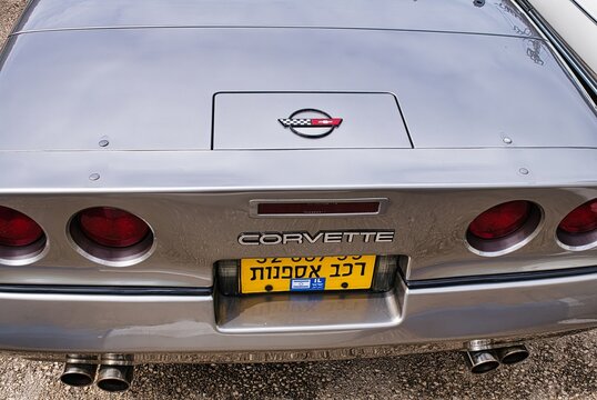 Raanana, Israel, March 16, 2024.Exhibition of vintage collectible cars, Chevrolet Corvette, back view of an American classic car.