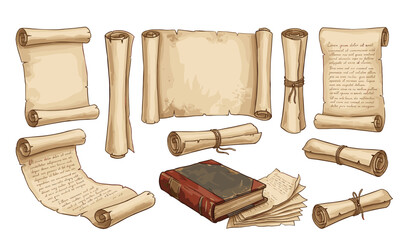 Old paper scroll and vintage book vector illustration set. Ancient blank parchment rolls, antique manuscripts with string, medieval manuscripts and retro historical document icons. © Creative Studio 