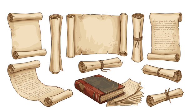 Old paper scroll and vintage book vector illustration set. Ancient blank parchment rolls, antique manuscripts with string, medieval manuscripts and retro historical document icons.
