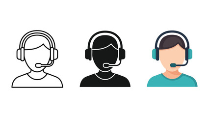 Fototapeta premium Customer support operator icons set with line art silhouette and flat illustration styles