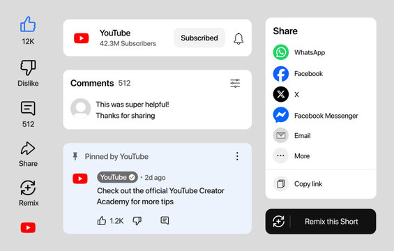 YouTube WhatsApp Facebook X Facebook Messenger Video Comments Share Panel Remix Feature Social Media UI Design