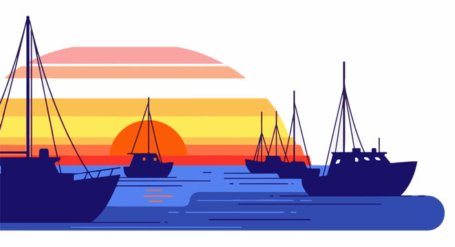 Silhouetted sailboats drift on water with vibrant sunset behind