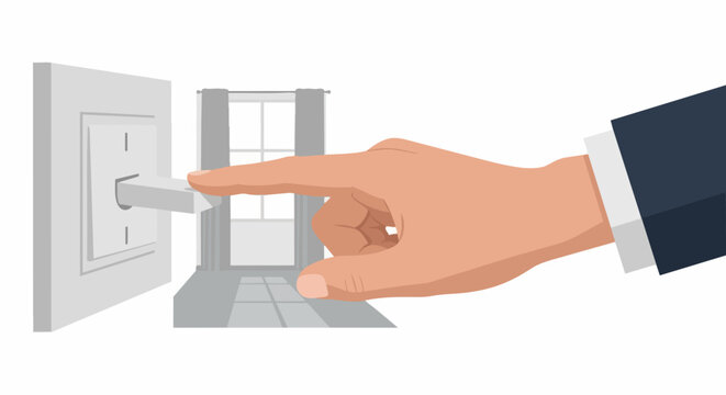 Businessman Hand Pressing a Light Switch in a Room Illustration - Energy Conservation, Power Control, and Sustainability Concept