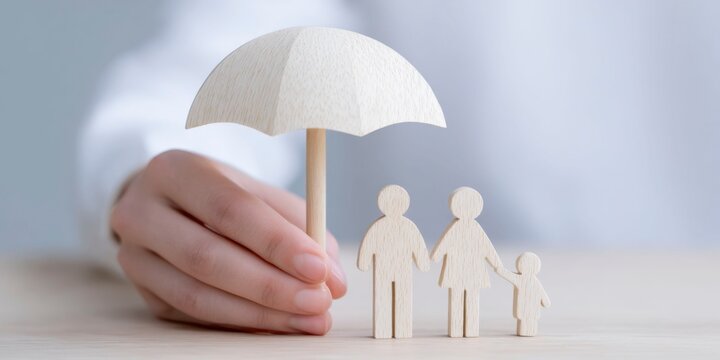 a hand holding an umbrella shaped wooden figure, to two people standing on a white background