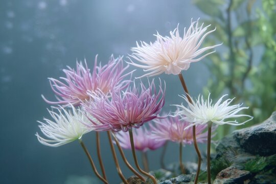 a group of pale pastel flowers with numerous long, thin tentacles, growing in an underwater environment.