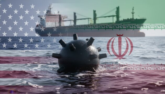 Naval mine floating in sea with cargo ship and flags of USA and Iran