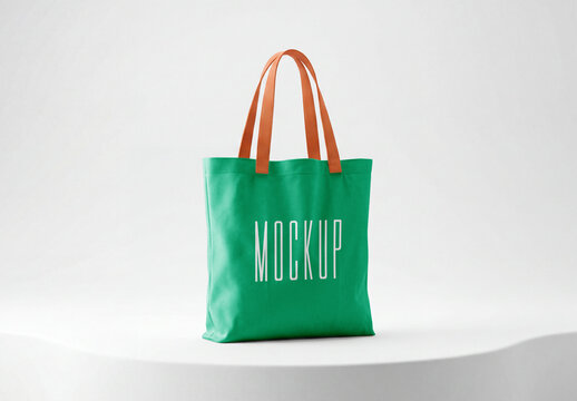 Perspective view of a green canvas tote bag mockup with orange handles standing on a white studio surface against a solid light grey background
