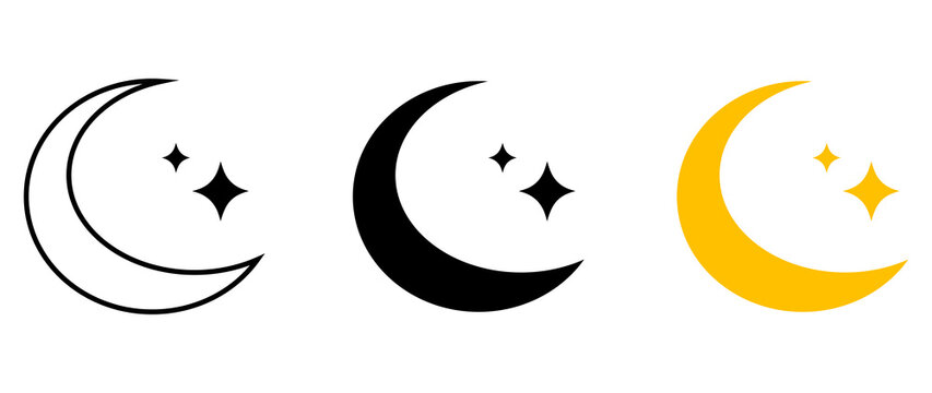 Half moon icon set. Crescent, moon with stars, night sky symbol on white background stock vector illustration
