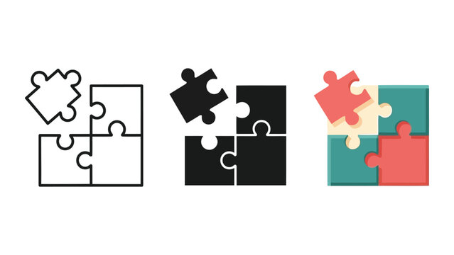Jigsaw puzzle pieces vector illustration in outline silhouette and flat color styles
