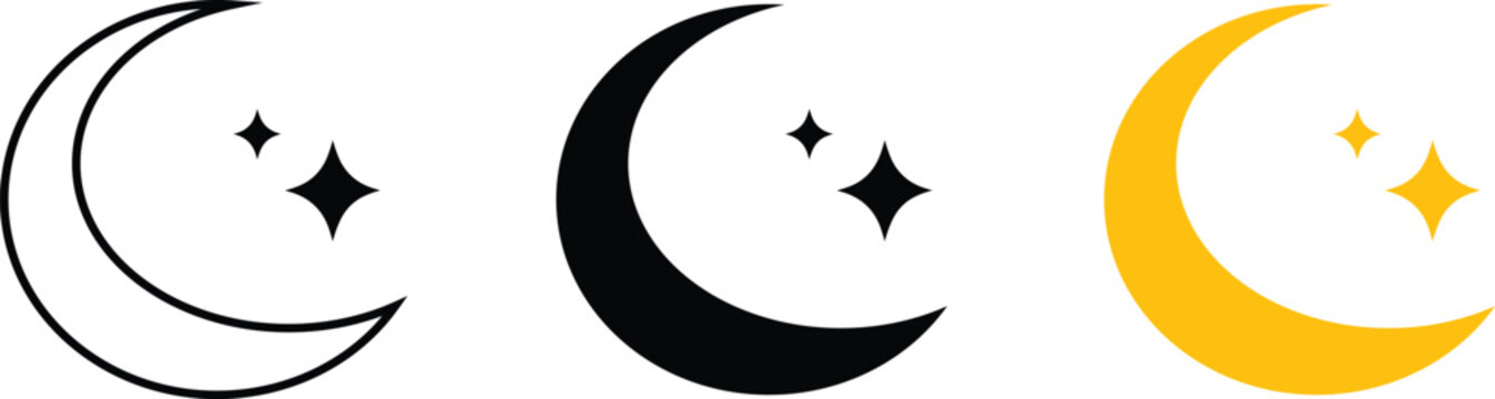 Half moon icon set. Crescent, moon with stars, night sky symbol on white background stock vector illustration