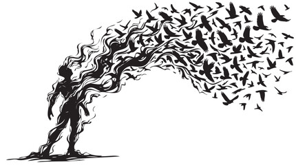 Silhouette of a person, birds flying out, freedom concept, black and white vector, abstract illustration © Edimator