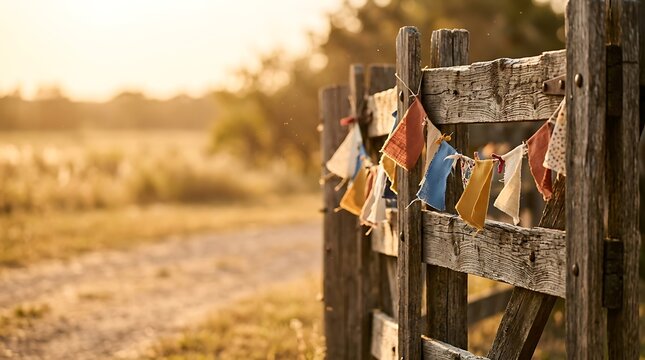 Rustic Wooden Gate Adorned with Colorful Prayer Flags at Sunrise.
