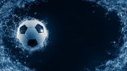 Naklejka premium Dynamic Soccer Ball Splashing Through Water with Bold Frame and Action-packed Theme for Sports Enthusiasts