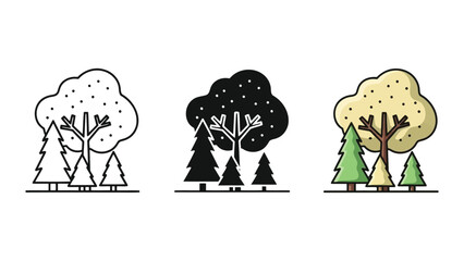 Forest tree icons set in line art silhouette and flat color vector illustration © hasina