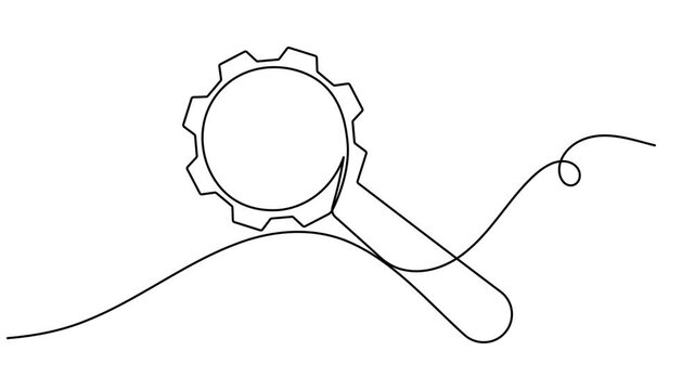 Magnifying glass with gear sign continuous one line art drawing on white background minimalist search engine optimization cogwheel symbol 4k animation video