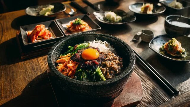 Traditional bibimbap in hot stone bowl with fried egg and colorful vegetables served with kimchi banchan on wooden table