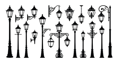 Vintage street lamp vector silhouette set. Retro victorian lampposts, antique wrought iron wall lanterns, classic city garden lights and old town outdoor illumination elements. ©  AR Studio Company