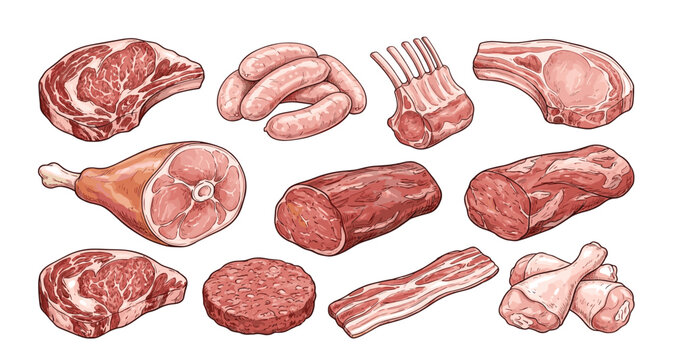 Meat product vector hand drawn illustration set. Raw beef steaks, pork chops, sausages, ham leg, ribs, bacon slices, burger patty and chicken drumstick butcher graphics.