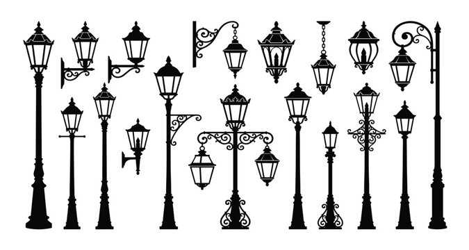 Vintage street lamp vector silhouette set. Retro victorian lampposts, antique wrought iron wall lanterns, classic city garden lights and old town outdoor illumination elements.