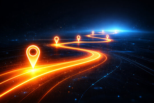 Winding abstract glowing road path with orange map location pointer pins representing digital navigation tracking route journey success and future direction on dark backdrop surface