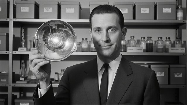 Man scientist holding glowing UFO prototype in laboratory. Mysterious alien technology exploration for science fiction concept. Vintage secret government experiment on unidentified object.