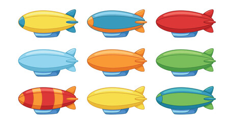 Blimp airship vector cartoon illustration set. Colorful zeppelins, dirigible aircraft icons, flying aviation transport, retro hot air vehicles and childhood toy elements. ©  AR Studio Company