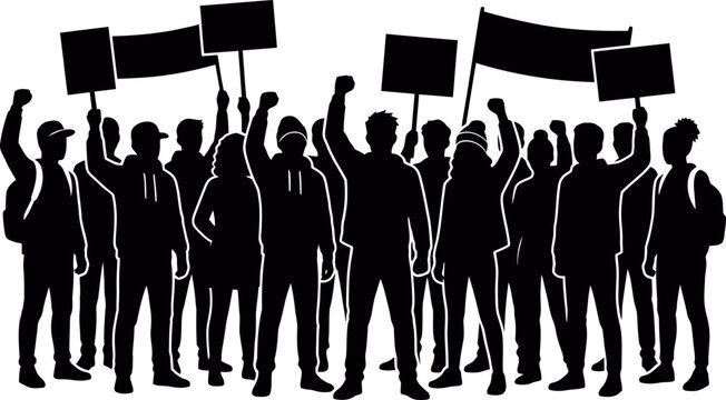A group of people in black silhouette holding signs and raising fists in protest or demonstration