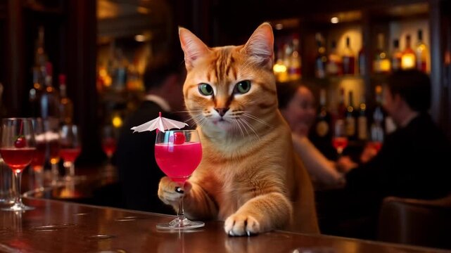 Amusing ginger cat sitting at a bar, licking and drinking a fancy pink cocktail with a cherry