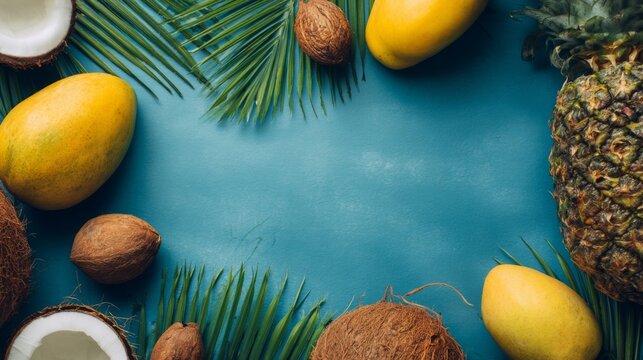 Tropical Fruit Arrangement with Mangoes, Pineapples, and Coconuts Surrounded by Green Leaves and a Bold Background