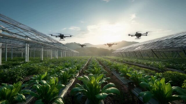 Multiple agricultural drones flying over a lush green crop field at sunrise with advanced technology monitoring plants and automated farming innovation