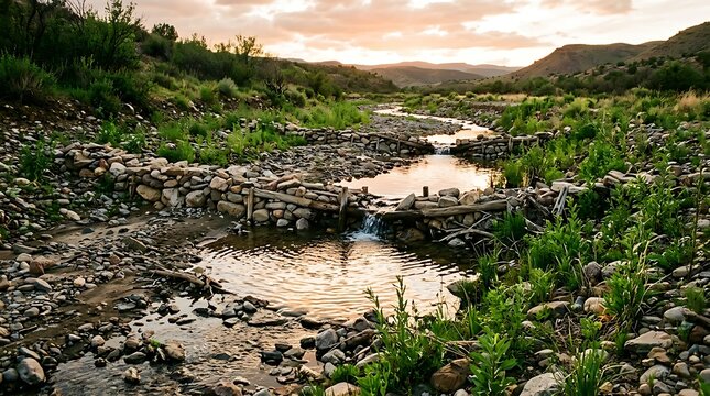 Stone check dams across a stream in a valley at sunset