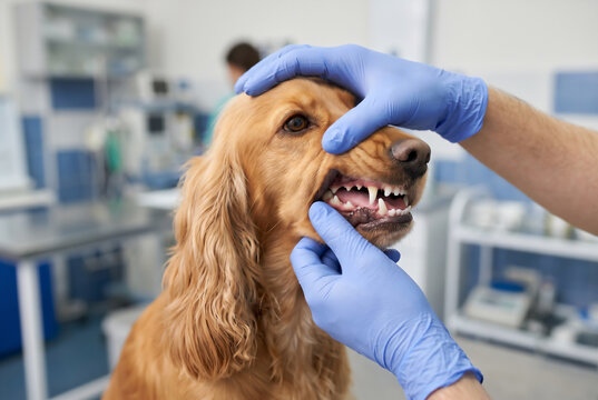 Veterinarian in blue gloves examining the teeth and gums of an English Cocker Spaniel in a modern clinic.