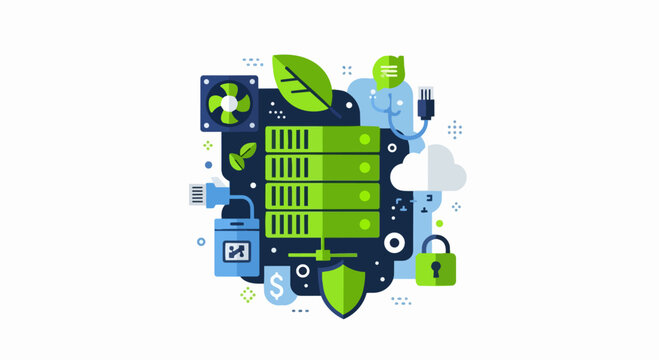 Green Computing Illustration: Eco-Friendly Data Center and Sustainable Cloud Technology Concept