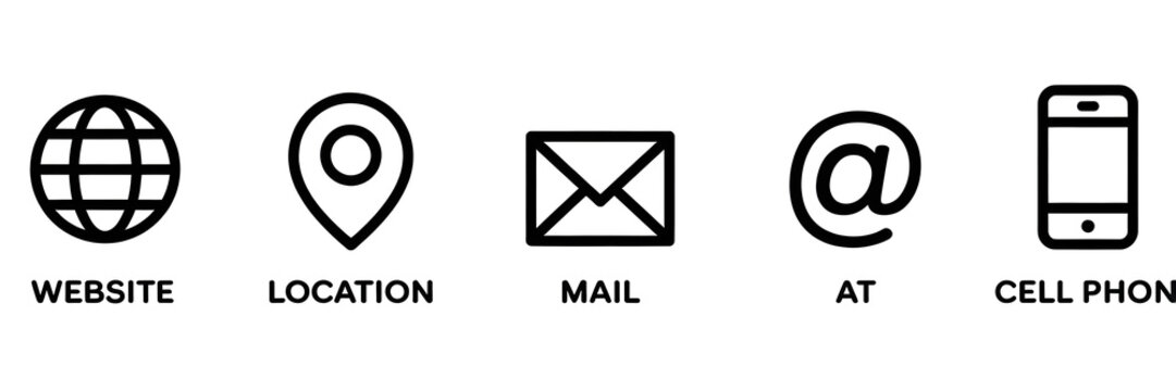 Black and white line icons, website, location, mail, email, phone symbols, modern minimalistic design elements
