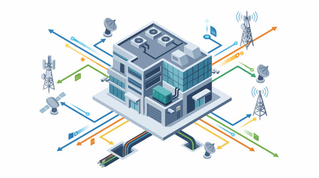 Modern telecommunication building with global network connections.