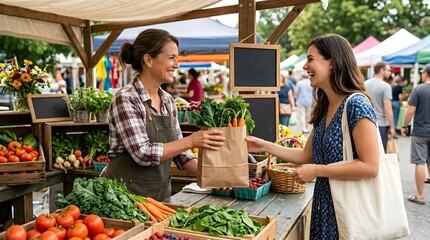 Naklejka premium Female vendor at a bustling farmer's market hands a paper bag of fresh produce to a smiling female customer.