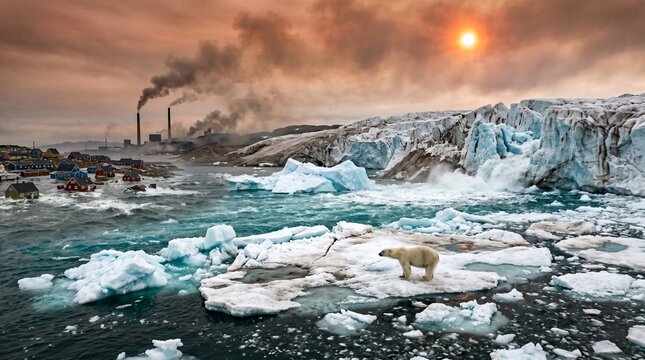 Polar bear standing on melting ice floes in Arctic sea near industrial pollution
