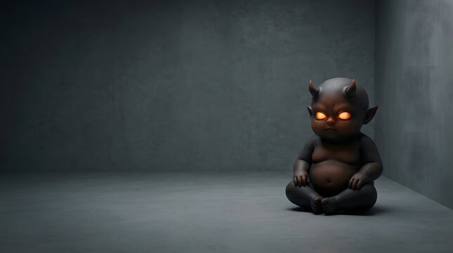 Cute little baby demon with glowing eyes sitting in empty concrete room. Creepy dark fantasy character with negative space. Good for backgrounds.
