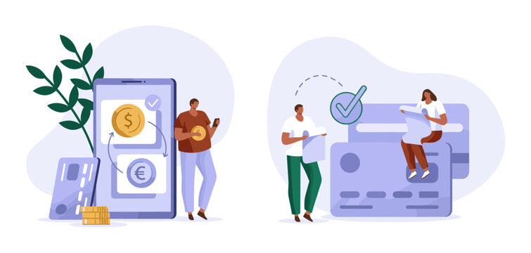 Set of financial technology illustrations showing online banking and secure payment processes with transaction technology currency investment business illustration transfer commerce financial
