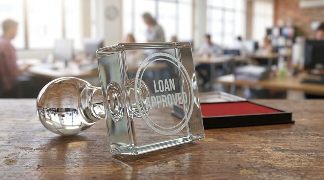 Glass Paperweight with Loan Approved Engraving on Office Desk