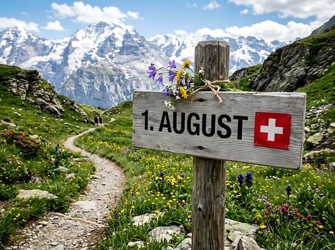 Rustic wooden signpost with 1 August and Swiss flag displayed in a vibrant alpine meadow with snowy mountains in the background