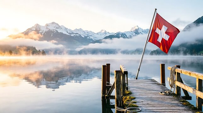 Serene Swiss alpine lake with snowcapped mountains reflects the morning sun on a wooden pier flying a Swiss flag
