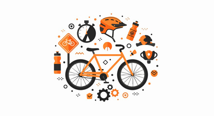 Fototapeta premium Flat Vector Illustration of Bicycle Icons and Cycling Equipment in Orange and Black Theme