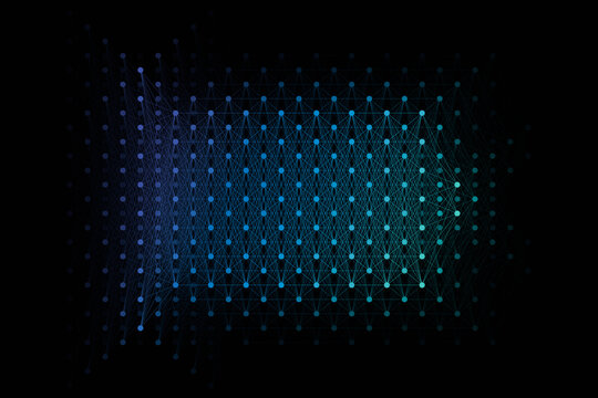 3D illustration of a glowing neural network structure on a black background. Artificial intelligence concept showing input, output, hidden layers, nodes, and data connections.