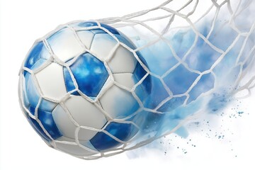 Fototapeta premium Dynamic close-up of blue and white soccer ball hitting the net with splash effect isolated on white background for sports design