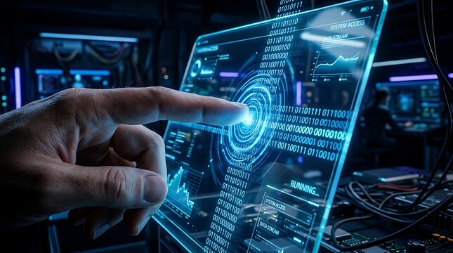 AI Generated Hand touching futuristic holographic screen with binary code and data stream in dark room