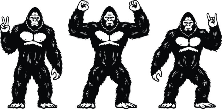 Gorilla mascot character set showing peace sign flexing muscles and rock hand gesture in black and white vector illustration for image_a26867.png
