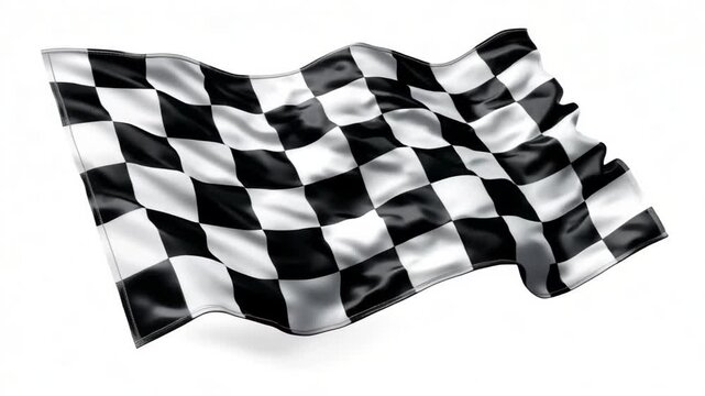 Flying checkered flag representing winning, success, and completion on a plain background