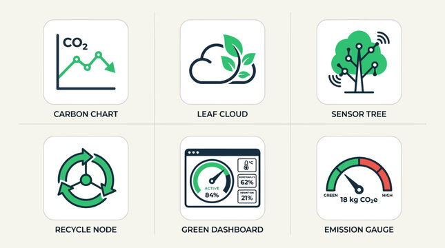 Environmental concept graphics with eco friendly icons representing carbon footprint reduction and sustainability initiatives for green technology and smart farming.