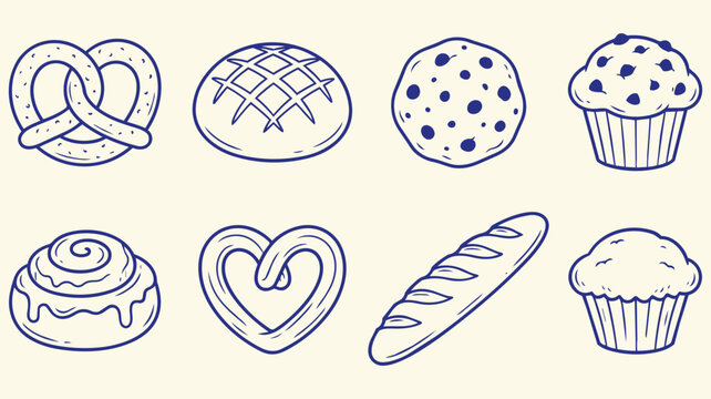 Bakery pastry icon collection with pretzel bread cookie cupcake and sweet baked goods isolated for cafe menus restaurant branding and food packaging